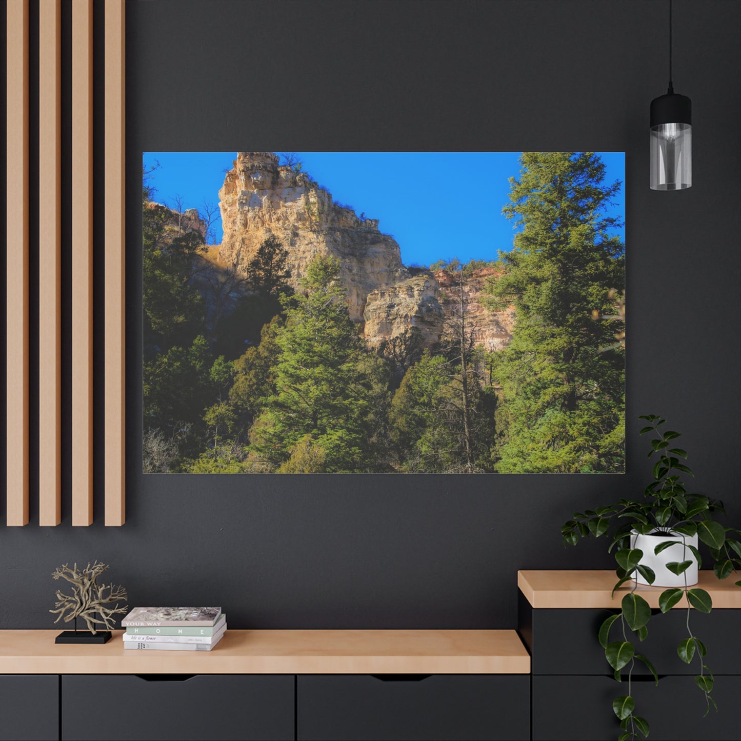 Canvas Print - Towering Cliff Green Trees Blue Skies Photography