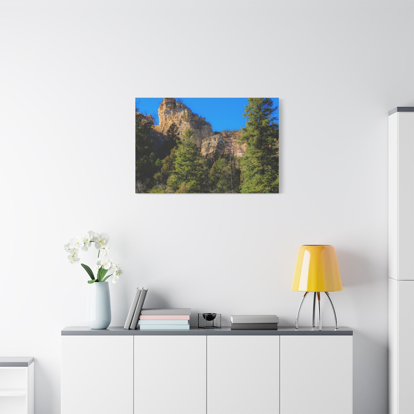 Canvas Print - Towering Cliff Green Trees Blue Skies Photography