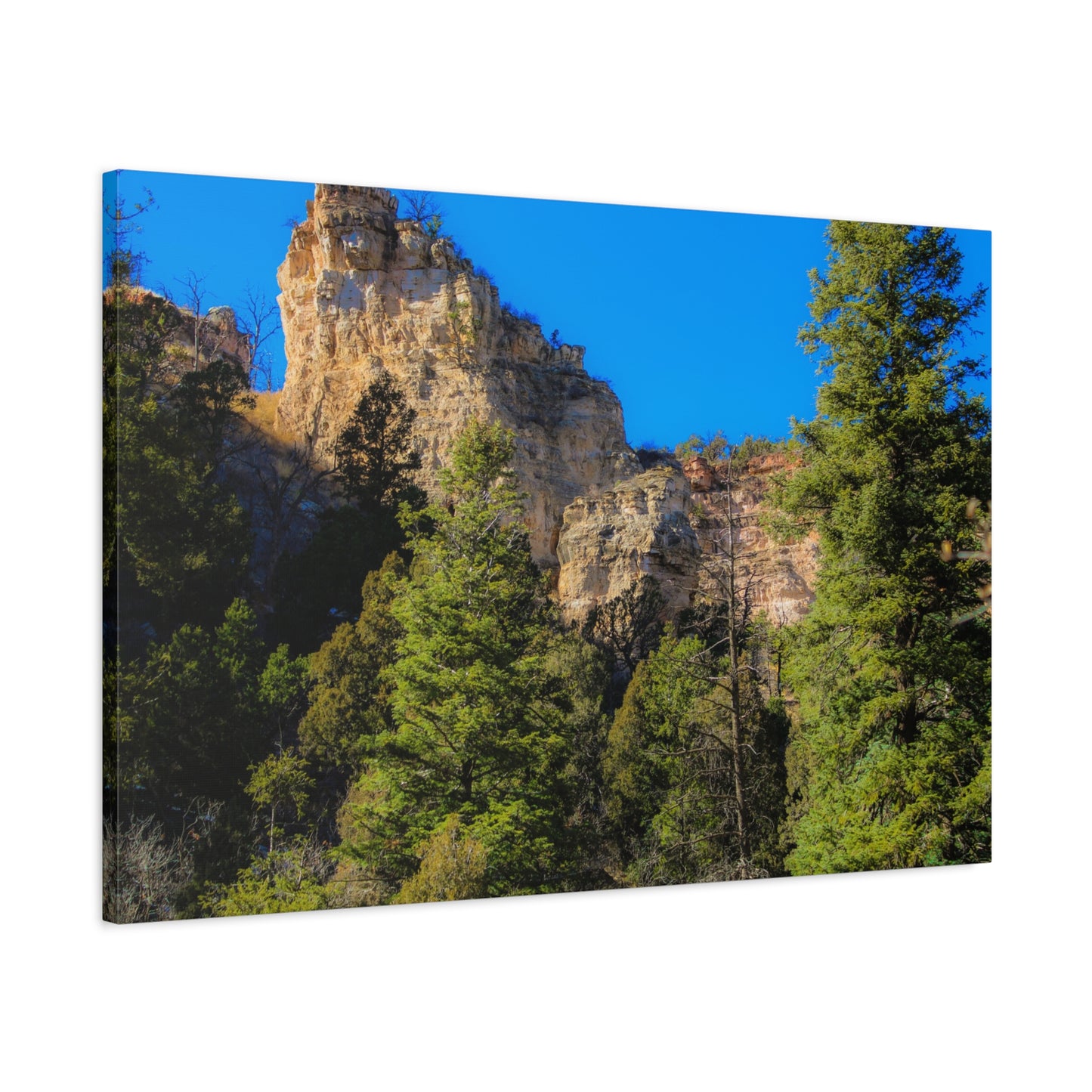 Canvas Print - Towering Cliff Green Trees Blue Skies Photography