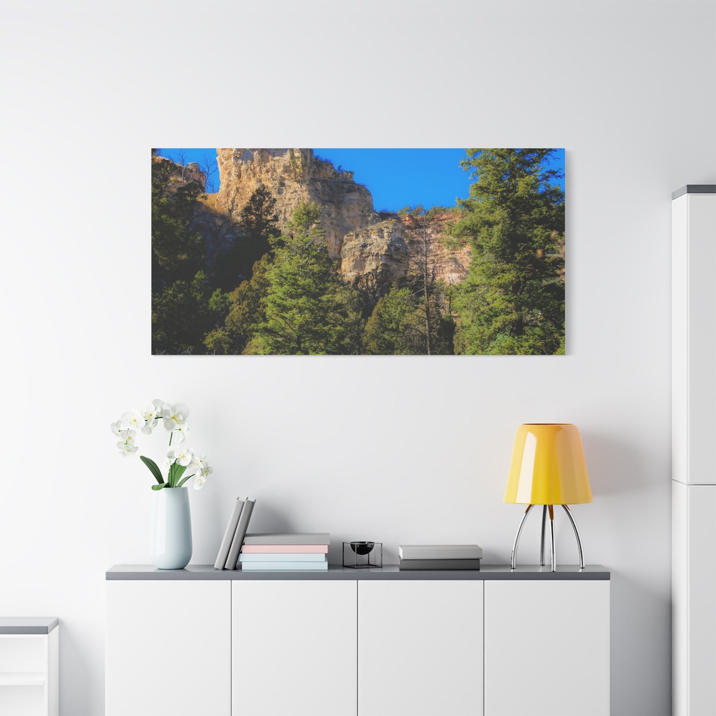Canvas Print - Towering Cliff Green Trees Blue Skies Photography