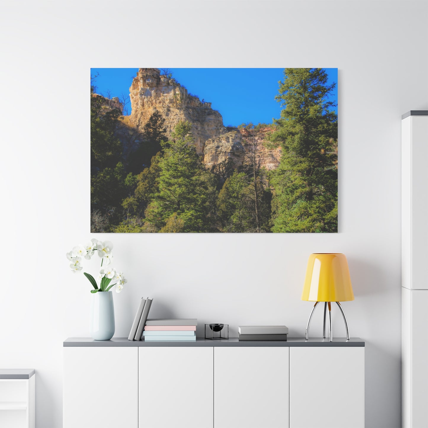 Canvas Print - Towering Cliff Green Trees Blue Skies Photography