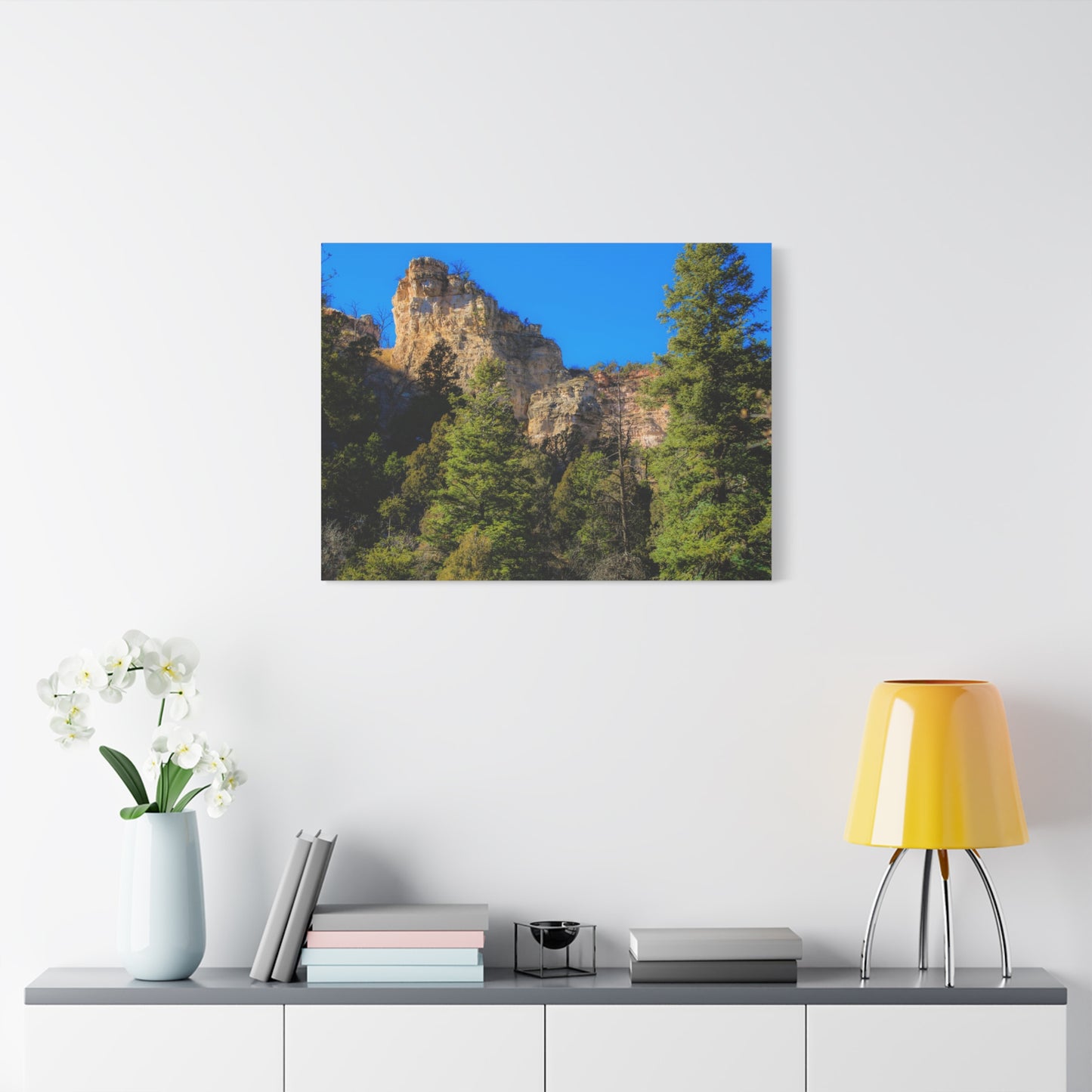 Canvas Print - Towering Cliff Green Trees Blue Skies Photography