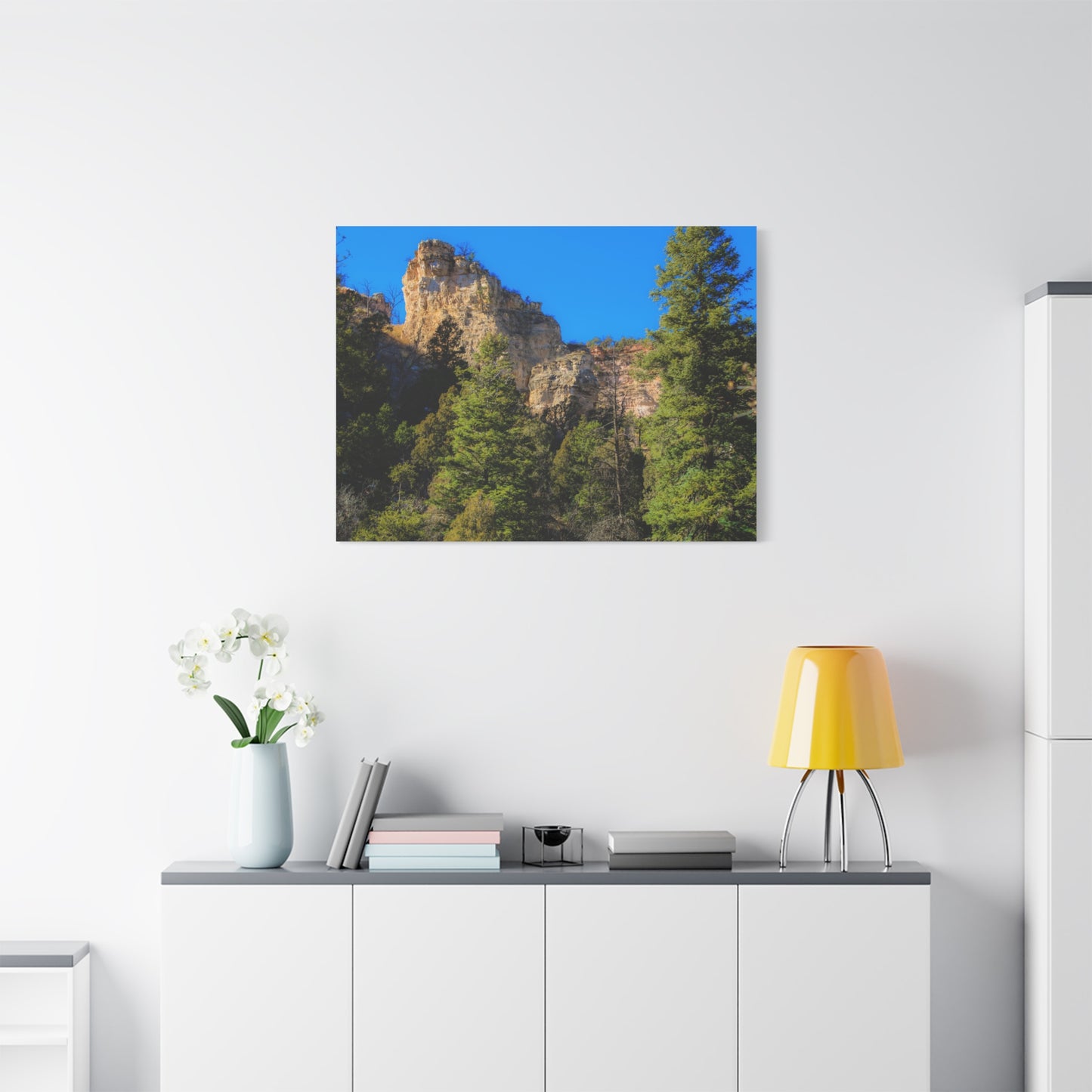 Canvas Print - Towering Cliff Green Trees Blue Skies Photography