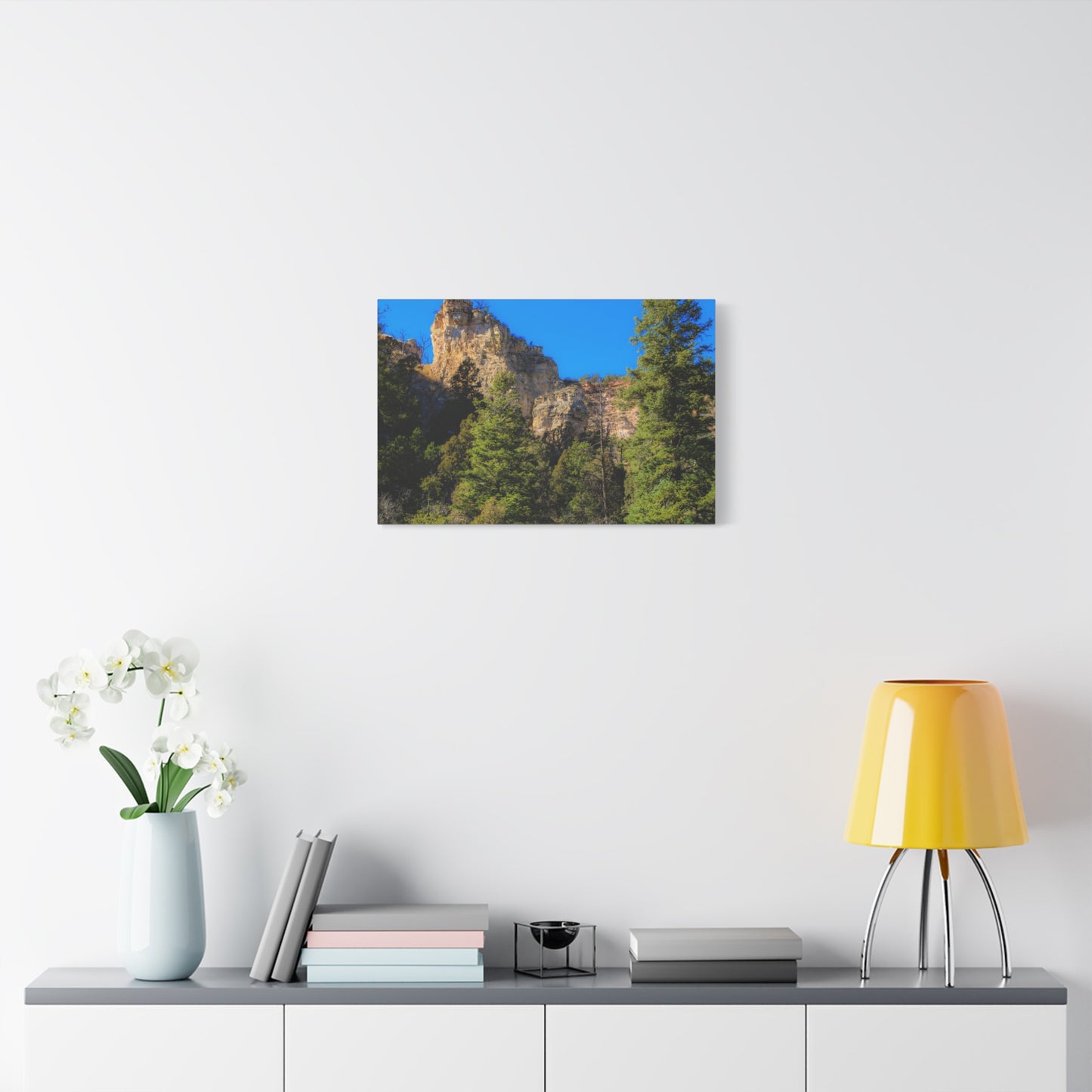 Canvas Print - Towering Cliff Green Trees Blue Skies Photography