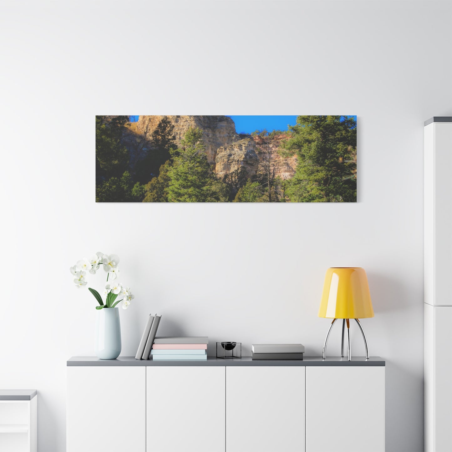 Canvas Print - Towering Cliff Green Trees Blue Skies Photography