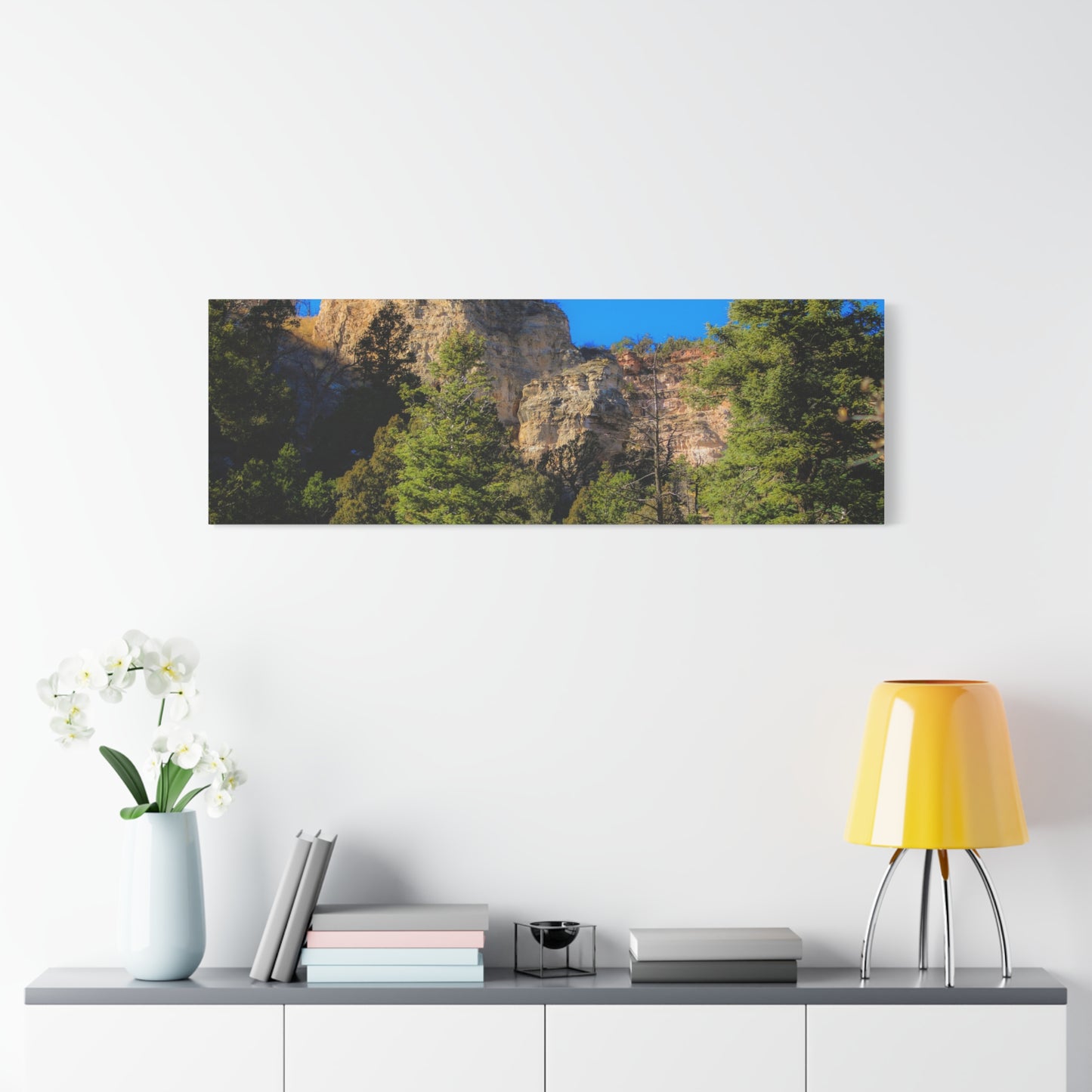 Canvas Print - Towering Cliff Green Trees Blue Skies Photography