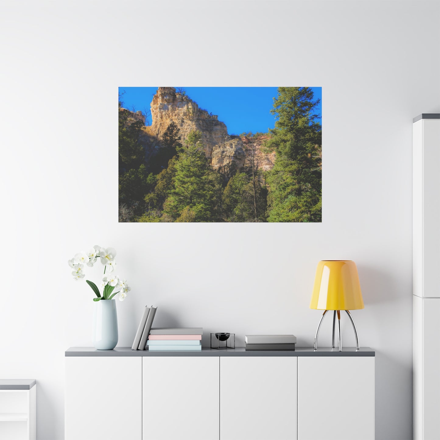 Canvas Print - Towering Cliff Green Trees Blue Skies Photography