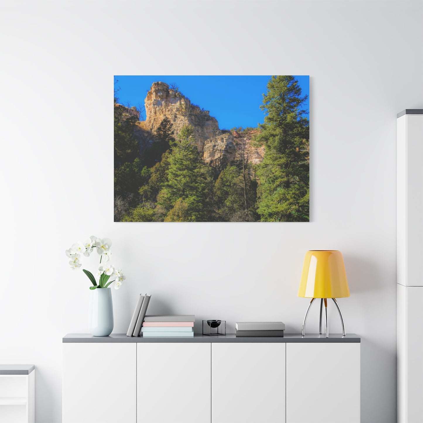 Canvas Print - Towering Cliff Green Trees Blue Skies Photography