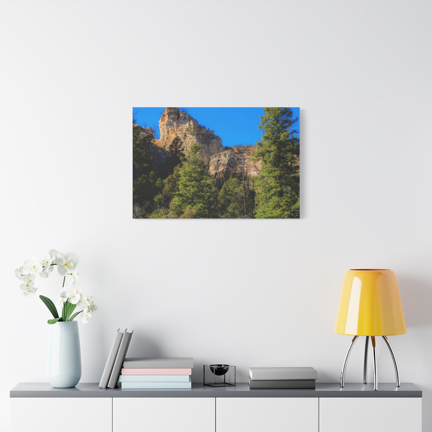 Canvas Print - Towering Cliff Green Trees Blue Skies Photography