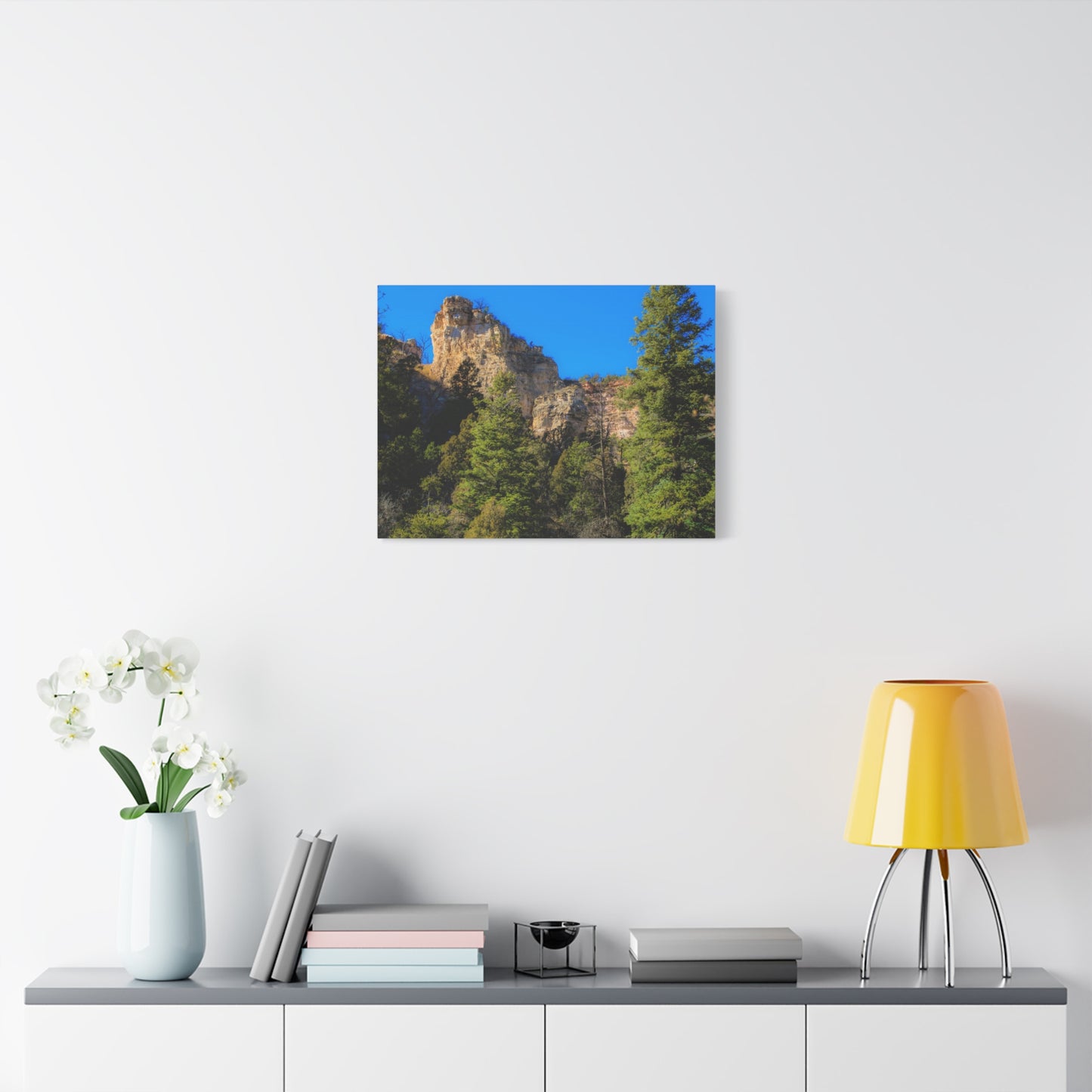Canvas Print - Towering Cliff Green Trees Blue Skies Photography