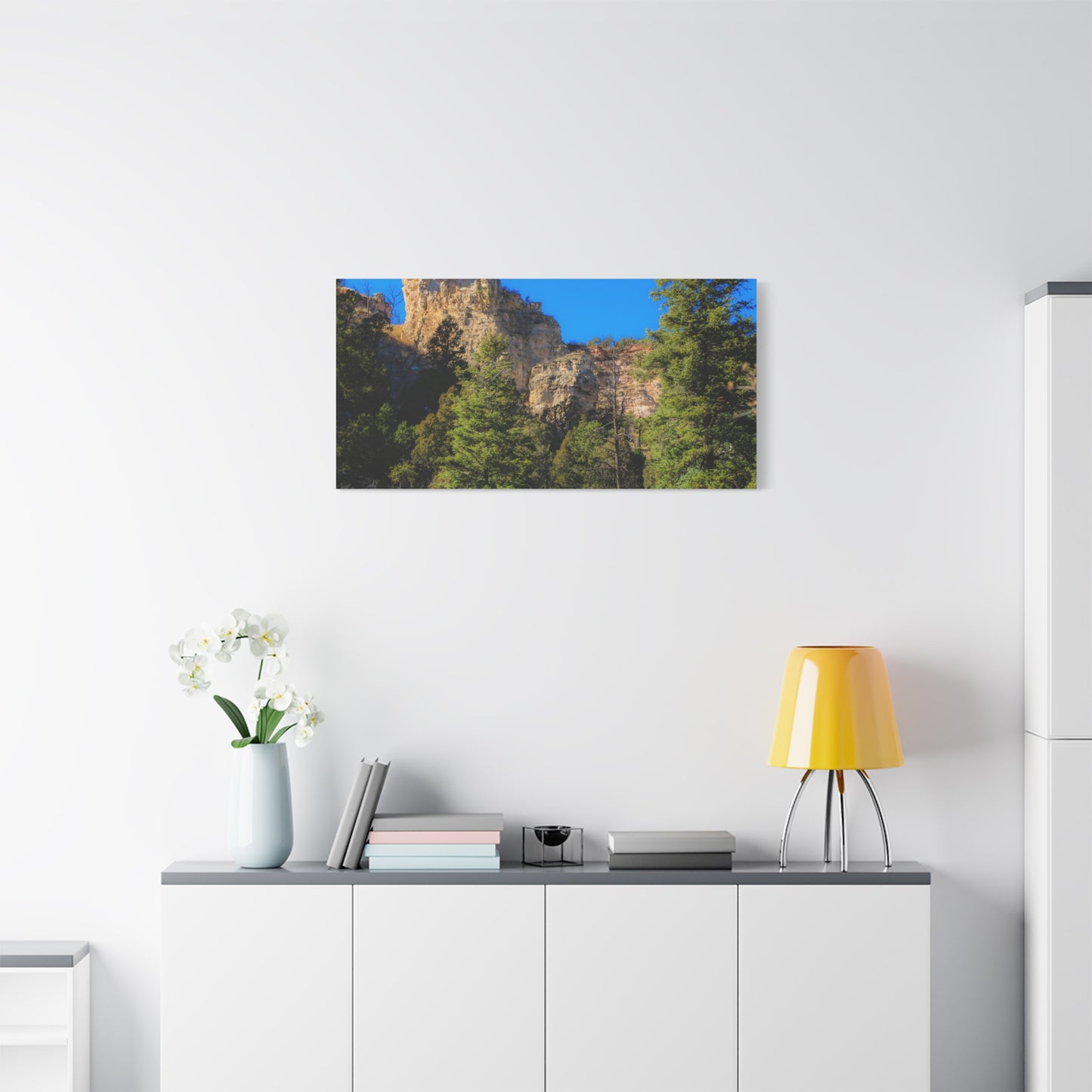 Canvas Print - Towering Cliff Green Trees Blue Skies Photography