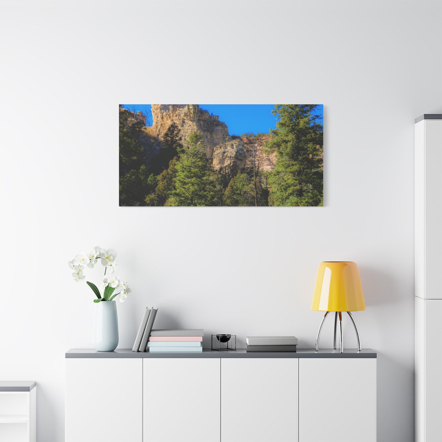 Canvas Print - Towering Cliff Green Trees Blue Skies Photography