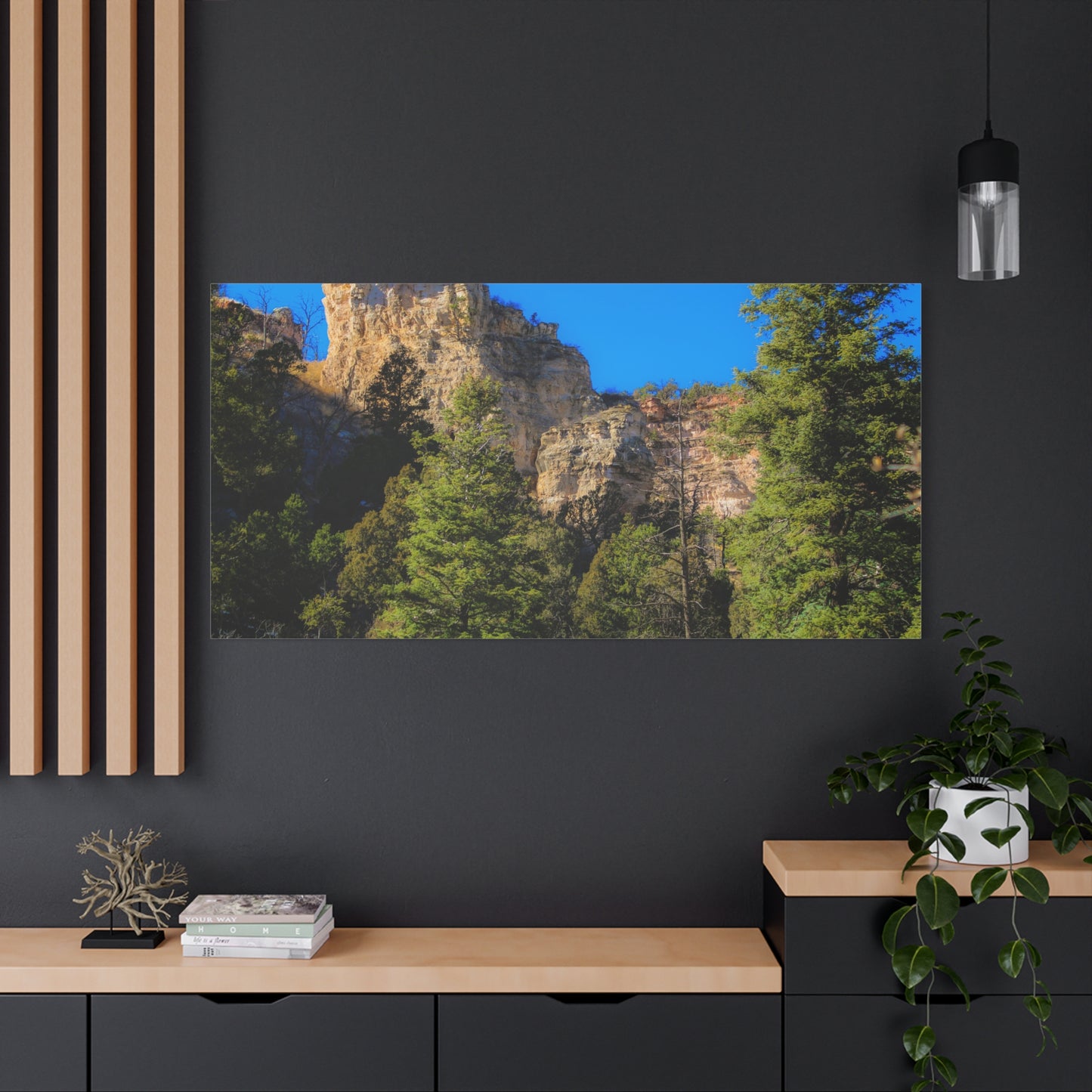 Canvas Print - Towering Cliff Green Trees Blue Skies Photography
